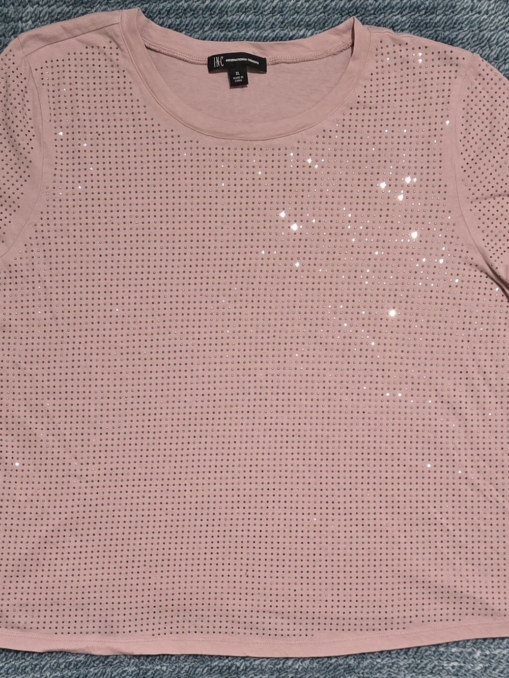 INC International Concepts Blush Pink Short Sleeve Sequin Perforated Tee